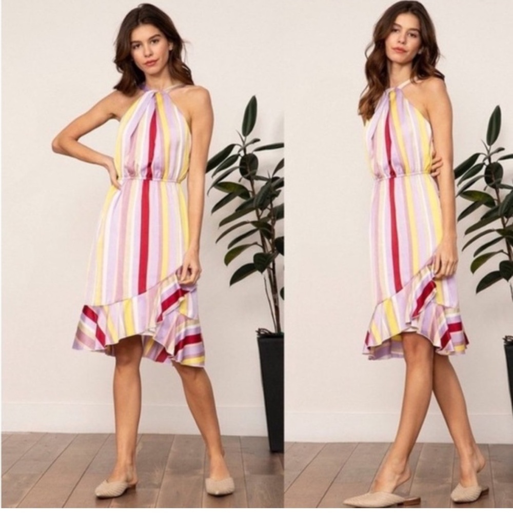 Anthropologie Yellow Pink lucy Paris Asymmetrical Ruffled Midi Sundress striped